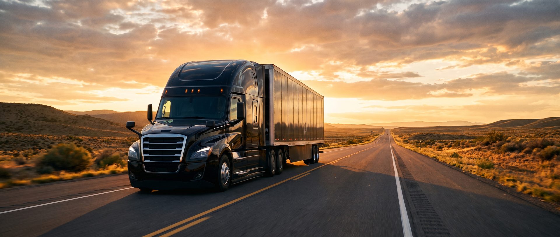 A black semi-truck on the open highway at golden hour