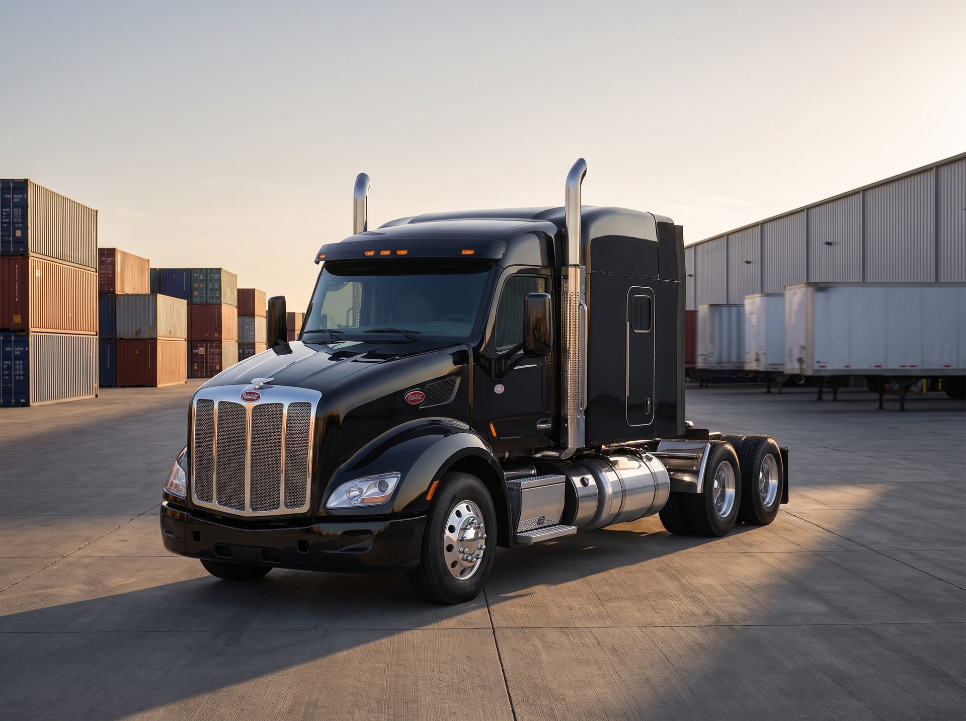 A modern black semi-truck parked at a logistics yard